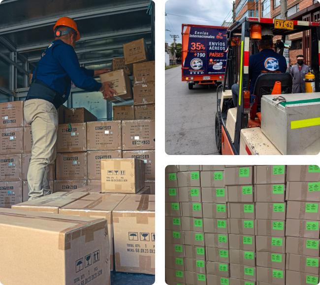 Montacargas y operarios Office Boy Express gestionando carga corporativa y transporte terrestre en Colombia