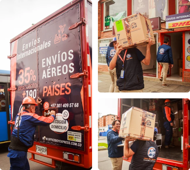 Camión y operarios Office Boy Express para envíos aéreos internacionales desde Colombia a más de 220 países