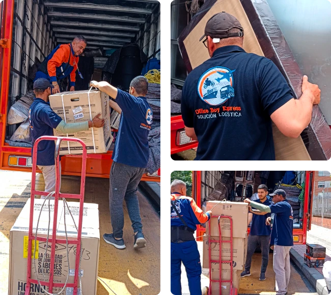 Equipo Office Boy Express en servicio de mudanzas internacionales: cargando menaje y cajas en camión desde Colombia