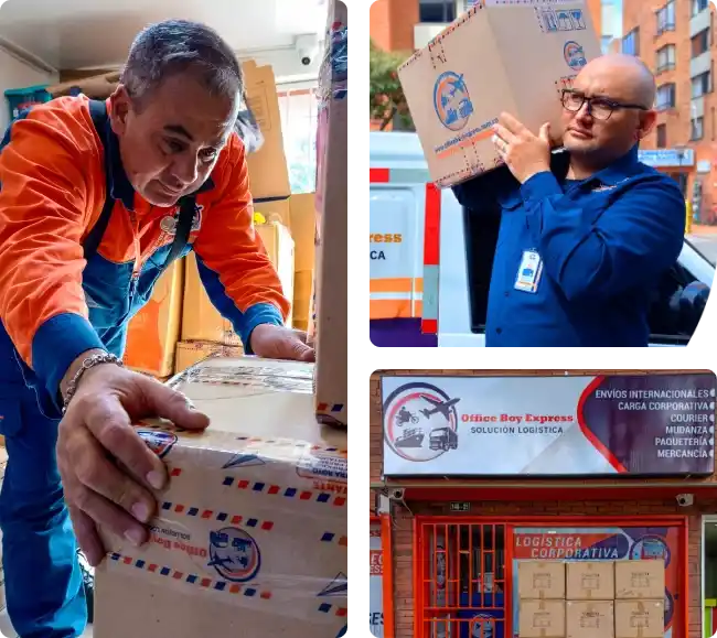 Operarios Office Boy Express embalando cajas para envíos a Venezuela desde Bogotá y Colombia